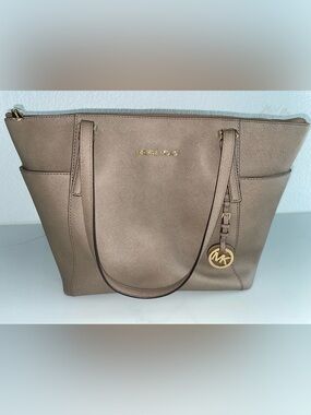 Michael Kors Taupe Saffiano Leather Tote with Gold MK Charm